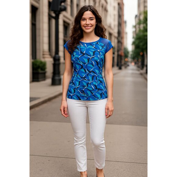 CCC Retro Blue Bird Print Blouse Mesh Cap Sleeve Mod Top Artsy Vintage Style Med - Picture 2 of 10